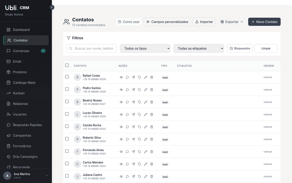Gestão de contatos no Ubli CRM com tags e filtros